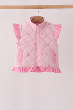 Pink corduroy bow embroidery ruffle vest