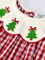 Christmas Tree Embroidery Red Gingham Long Sleeve Baby Girl Bloomers Set