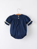 Navy Blue Nativity Smocking Embroidered Baby Girls Christmas Romper