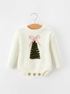 Winter Christmas Tree Girls Knit Romper Bow Long Sleeve