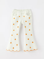 Girls Pumpkin Embroidered Wide-Leg Pants Fall Scallop Hem Casual Pants