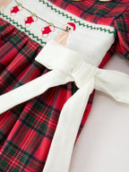 Christmas Girls Plaid Puppy Smocked Ruffle Collar Dress