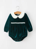 Baby Girls Emerald Green Velvet Peter Pan Collar Christmas Romper