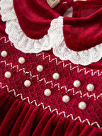 Christmas Burgundy Velvet Baby Girl Smocked Pearl Romper
