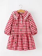 Christmas Tree Embroidered Plaid Girls Ruffle Collar Dress