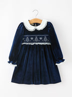Christmas Tree Girls Navy Velvet Smocked Lace Dress