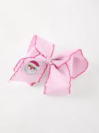 Girls' Christmas Santa Embroidered 6.25" Hair Bow – White/Pink