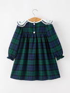 Christmas Girls Green & Navy Plaid Embroidered Collar Dress