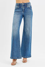 RISEN High Rise Wide Leg Jenas with Front Yoke and Heart Back Pocket