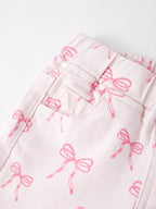 Fall Girls Pink Bow Print Elastic Flared Jeans Denim pant