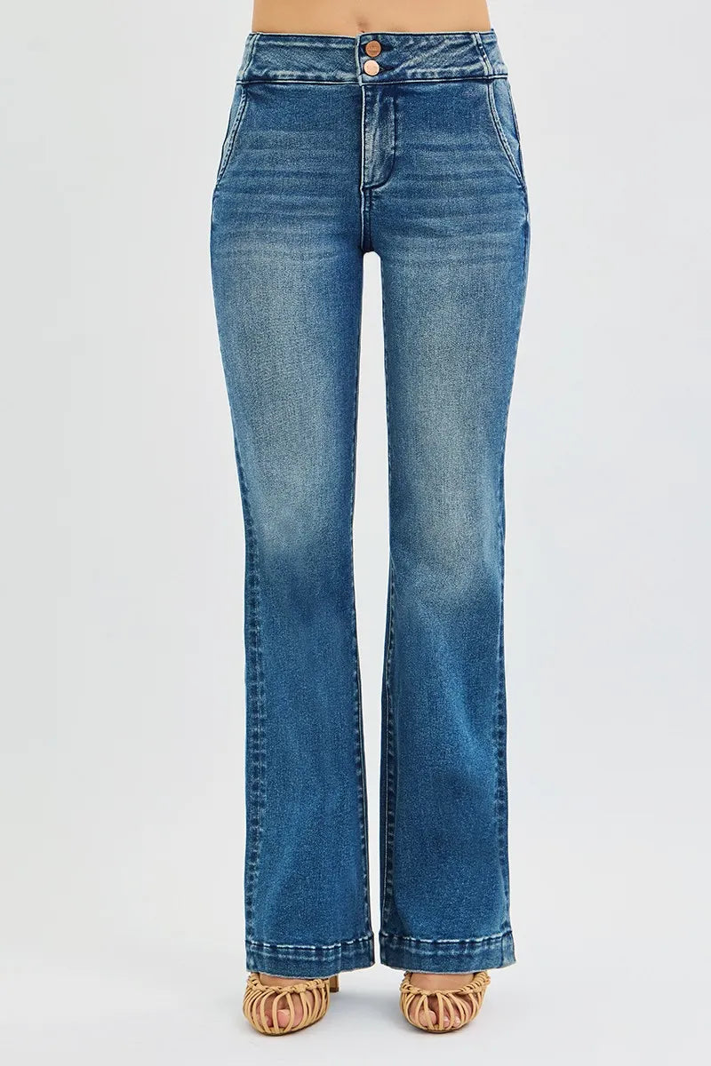 RISEN Full Size Tummy Control High Rise Bootcut Jeans with Double Button Waistband Plus Size