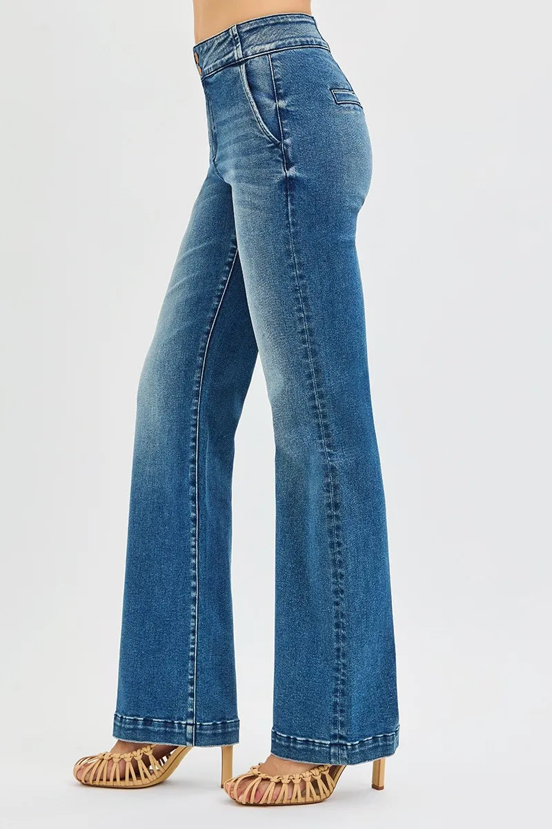 RISEN Full Size Tummy Control High Rise Bootcut Jeans with Double Button Waistband Plus Size