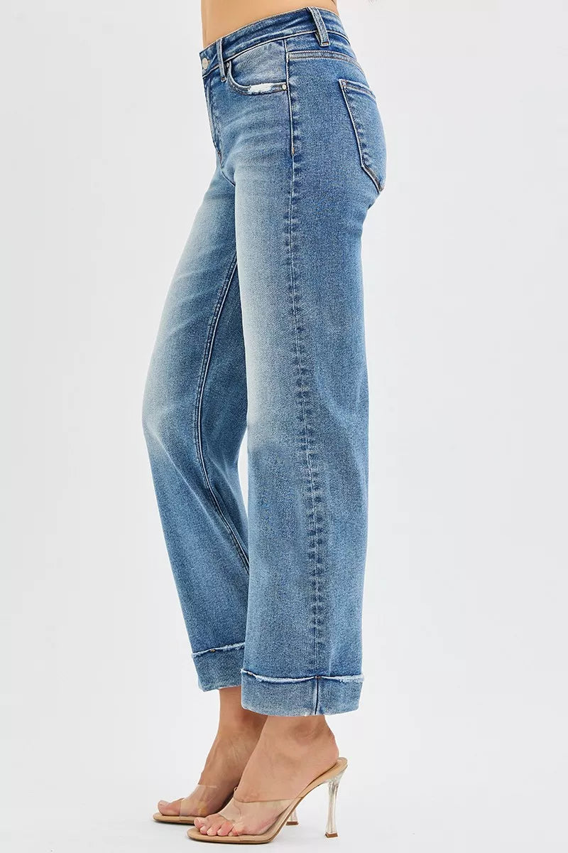 RISEN Full Size Mid Rise Crop Straight Jeans with Taylor Cuffed Plus Size