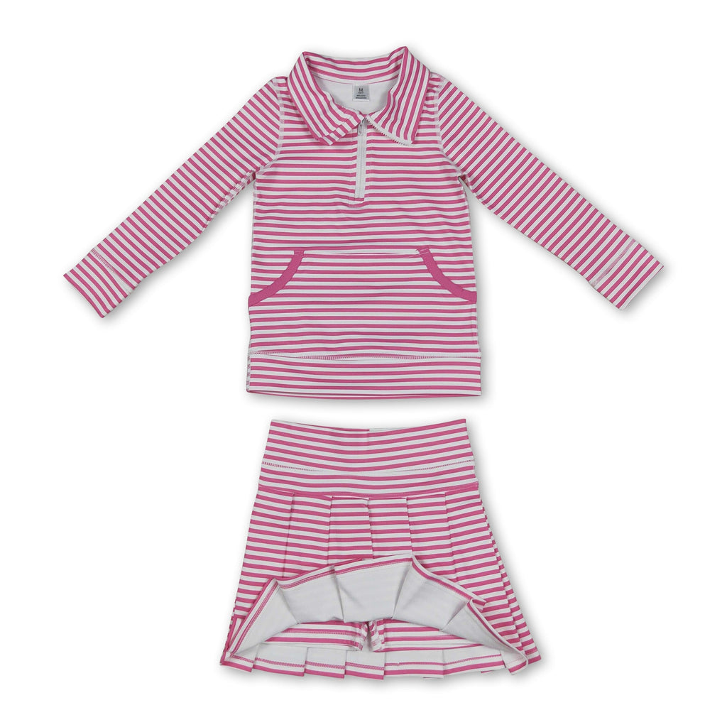 Pink stripe pullover pleated skirt girls active wear set