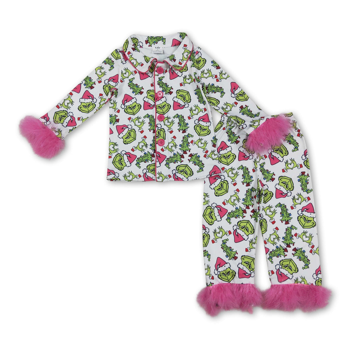 Pink fur green face girls Christmas button down pajamas