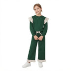 Stripe flutter long sleeves green top pants girls outfits