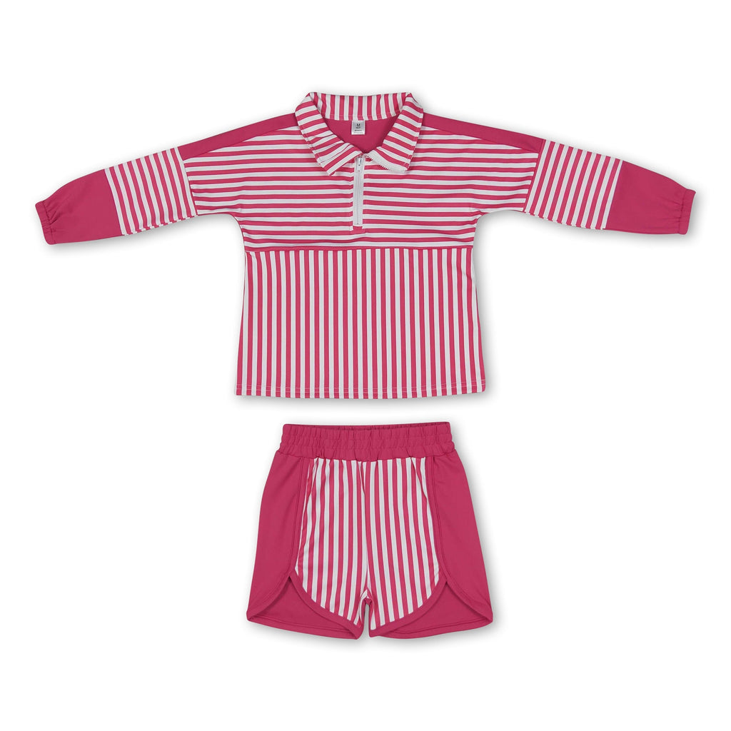 Hot pink stripe patchwork pullover shorts girls active set