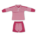 Hot pink stripe patchwork pullover shorts girls active set
