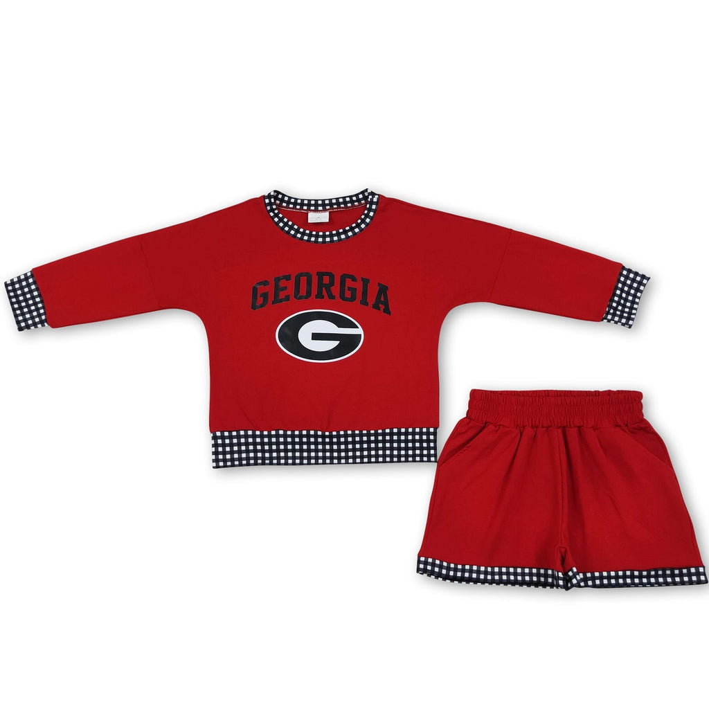 Long sleeves red G vinyl top shorts girls team outfits