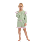 Flutter long sleeves light green top shorts girls outfits