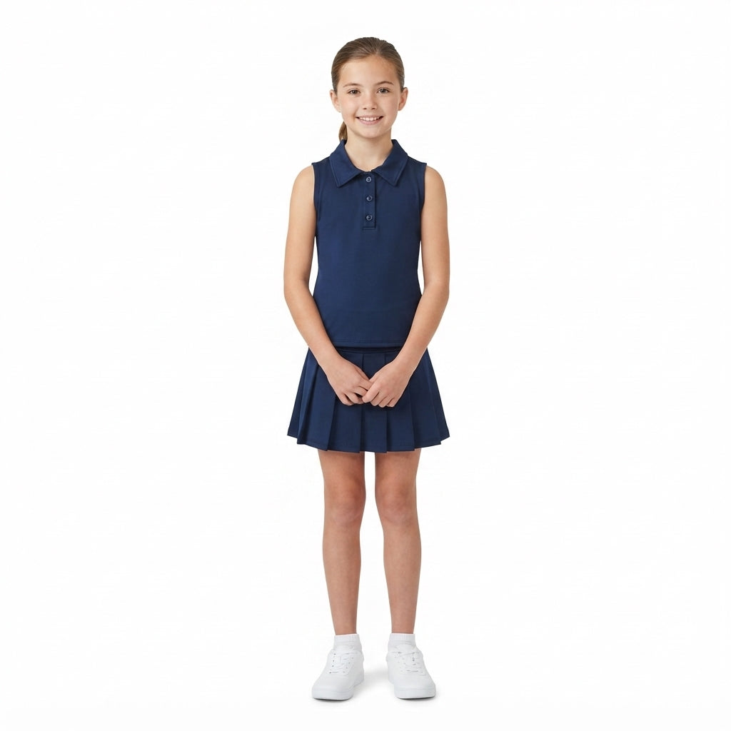 Sleeveless navy polo shirt pleated skirt girls activewear set