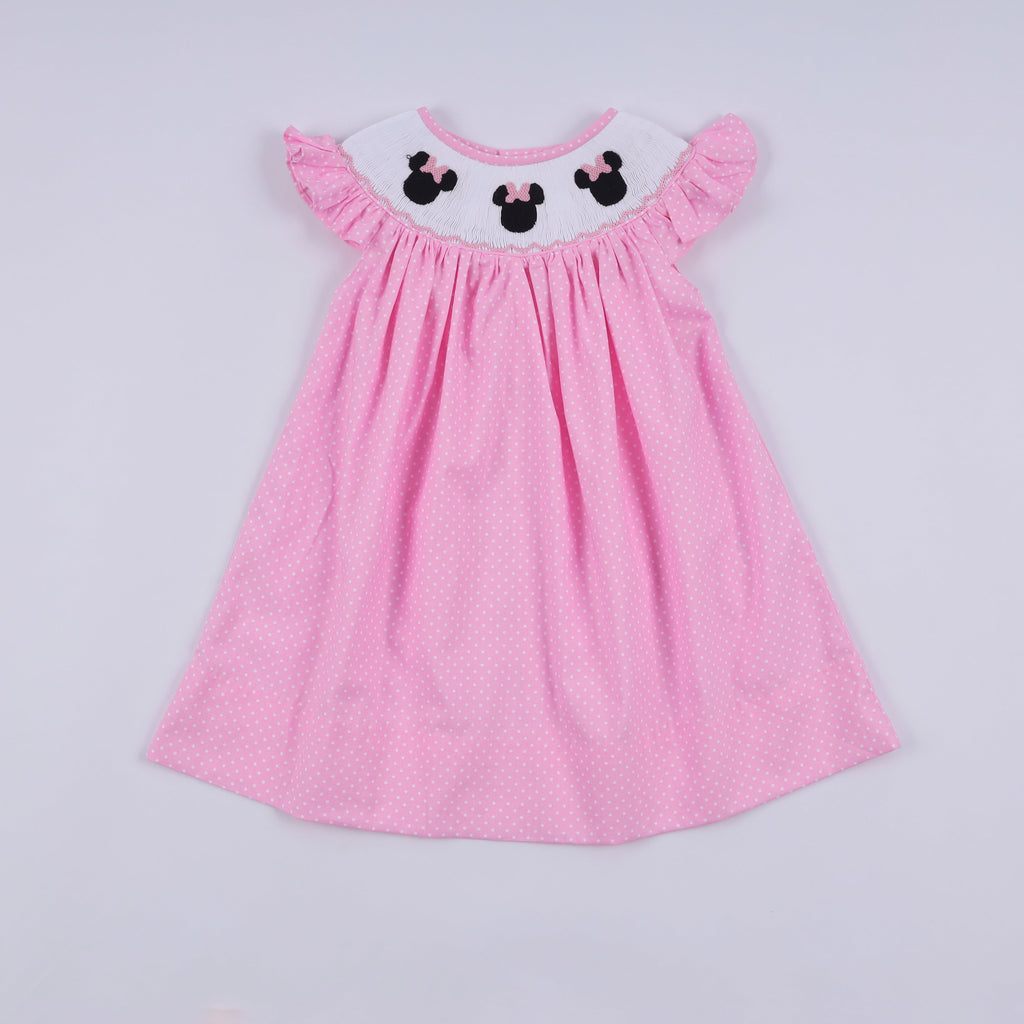 Pink character hand smocked dot ruffle dress