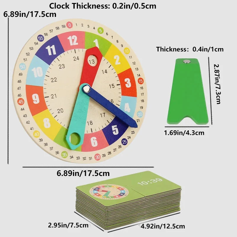 Montessori Wooden Learning Clock with Time Cards — Educational Teaching Aid for Kindergarten and Interactive Playroom