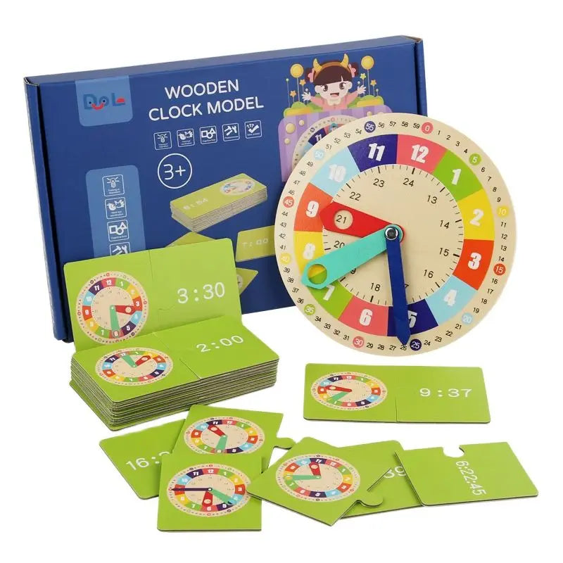 Montessori Wooden Learning Clock with Time Cards — Educational Teaching Aid for Kindergarten and Interactive Playroom