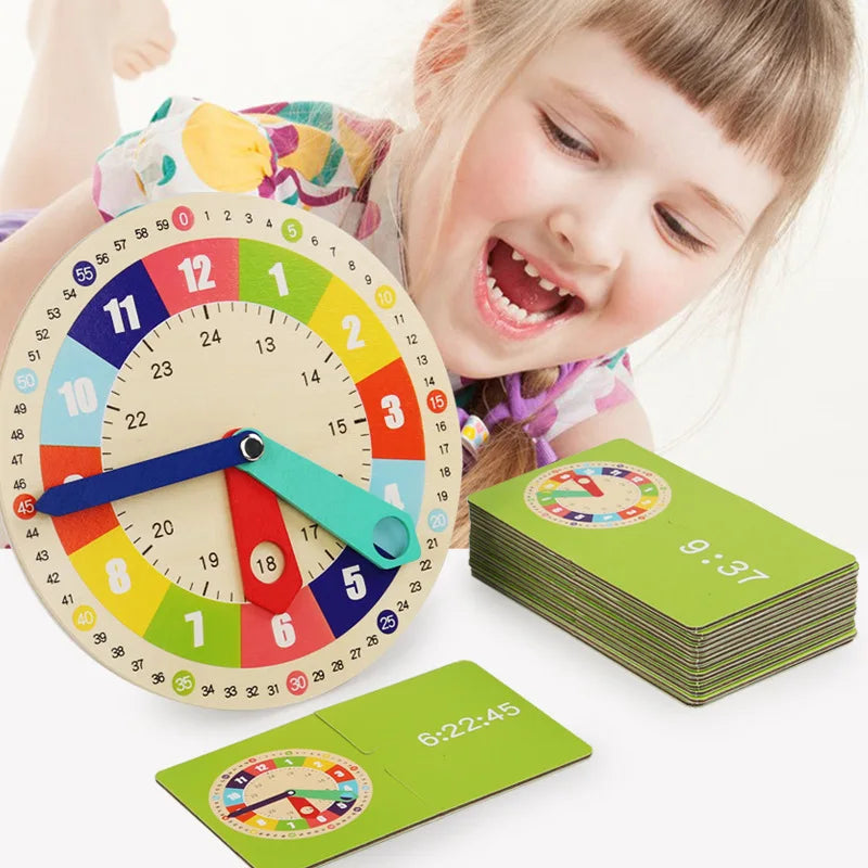 Montessori Wooden Learning Clock with Time Cards — Educational Teaching Aid for Kindergarten and Interactive Playroom