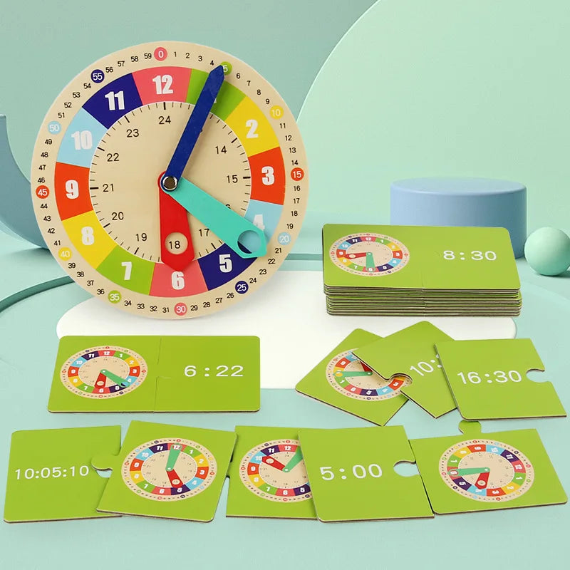 Montessori Wooden Learning Clock with Time Cards — Educational Teaching Aid for Kindergarten and Interactive Playroom