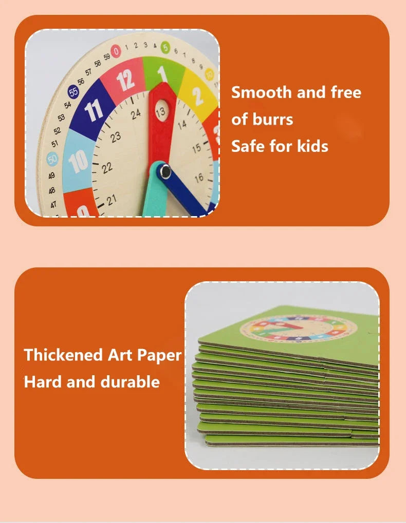 Montessori Wooden Learning Clock with Time Cards — Educational Teaching Aid for Kindergarten and Interactive Playroom