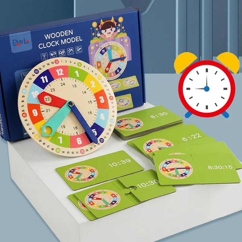 Montessori Wooden Learning Clock with Time Cards — Educational Teaching Aid for Kindergarten and Interactive Playroom
