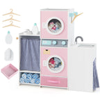 Wooden Kids Laundry Playset with Laundry Detergent Bottle and Clothes Hangers-Pink