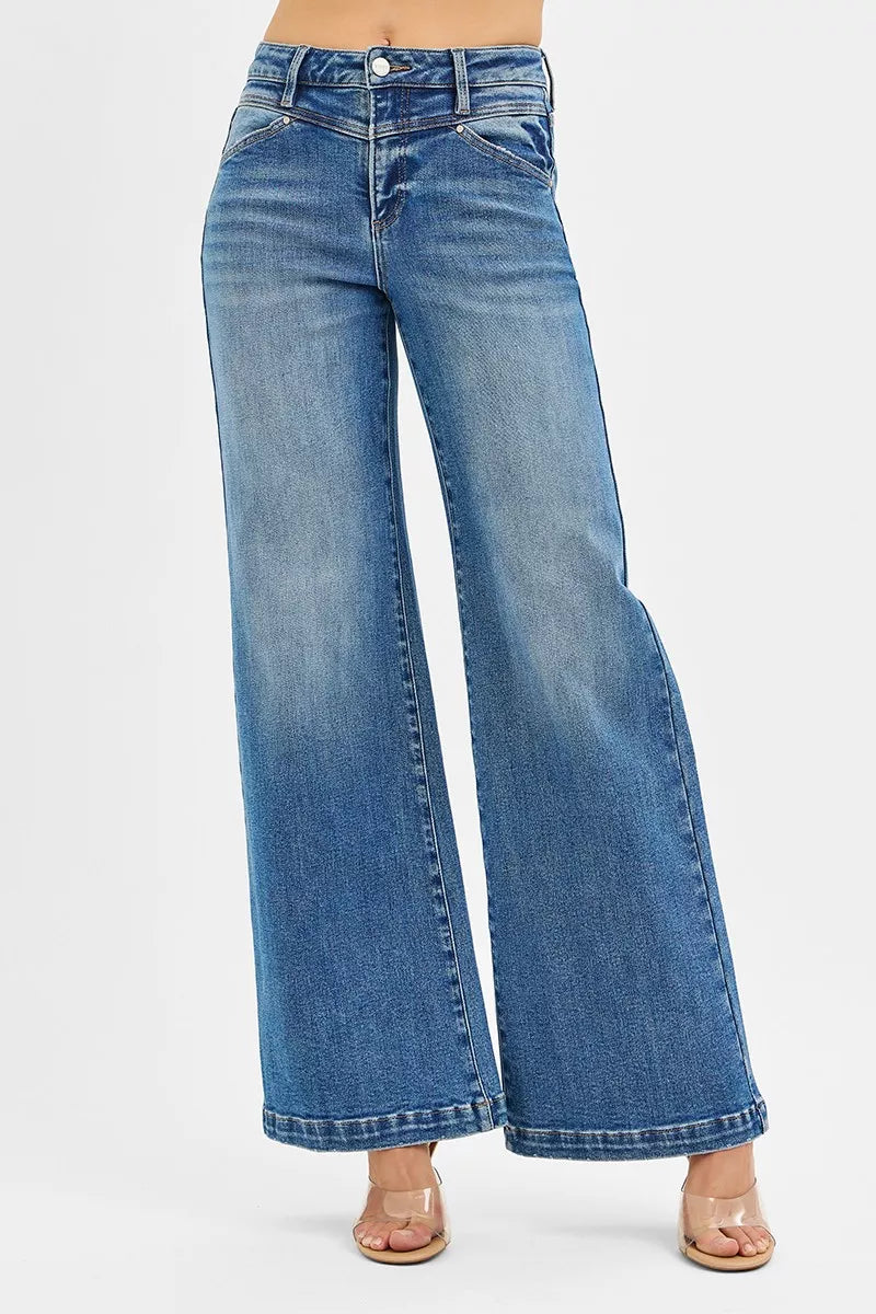 RISEN High Rise Wide Leg Jenas with Front Yoke and Heart Back Pocket