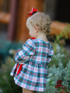 Christmas Plaid Smocking Embroidered Girls Bloomers Romper Set